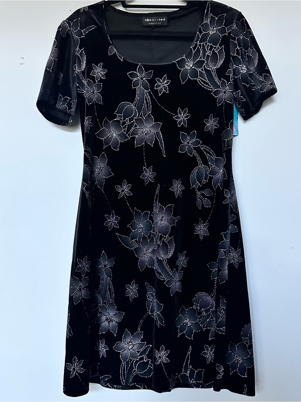 Connected Apparel Black & Silver Floral Rhinestone Midi Dress